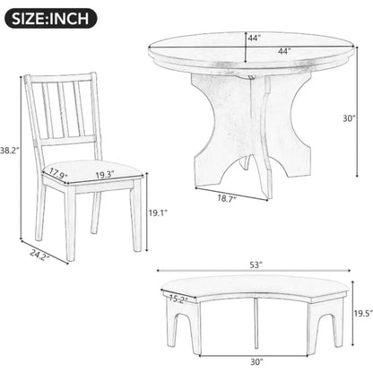 5 Piece Solid Wood 44” Round Dining Table with Upholstered Curved Bench and 3 Upholstered Chairs