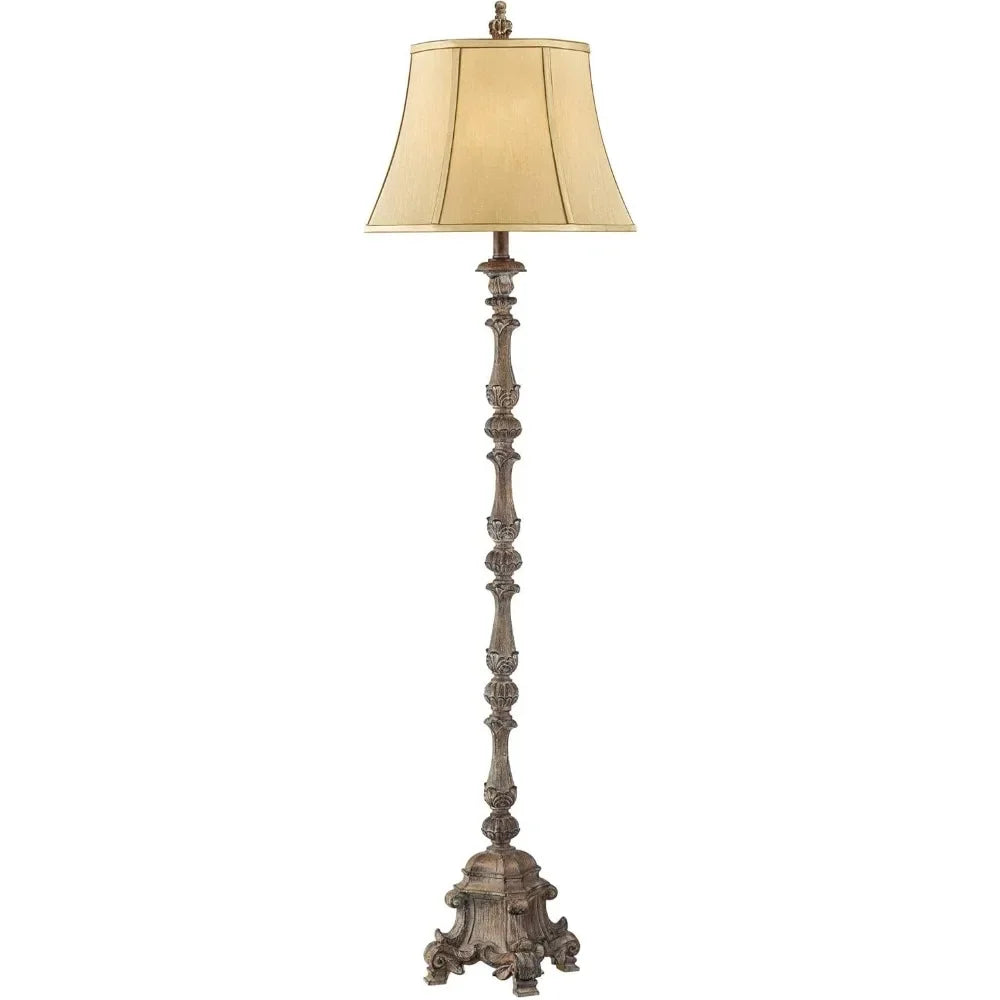 Antique Candlestick Style Floor Lamp Standing 62" Tall With Silk Fabric Bell Shade