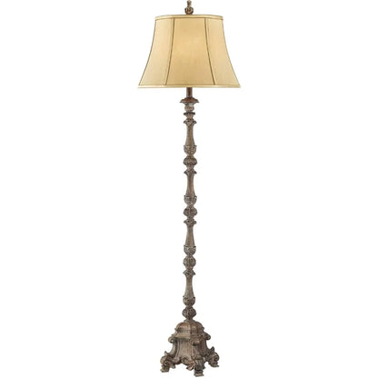 Antique Candlestick Style Floor Lamp Standing 62" Tall With Silk Fabric Bell Shade