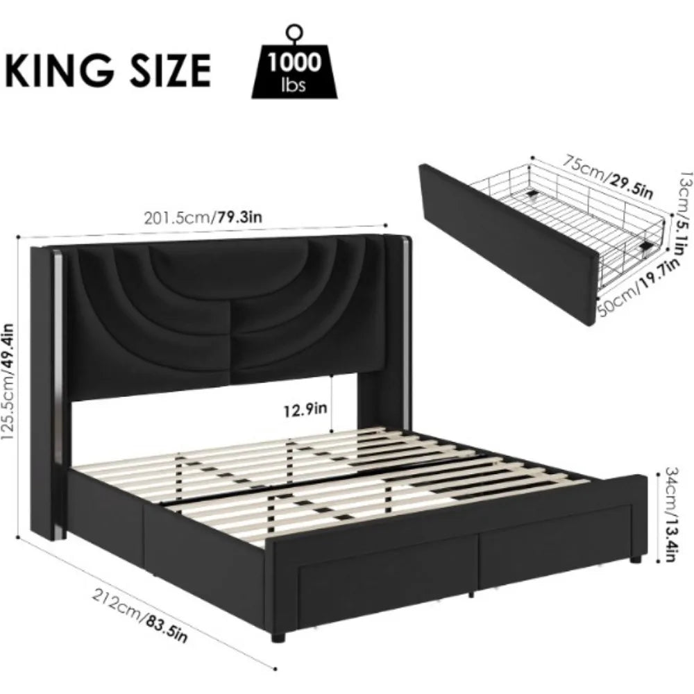 Upholstered Bed Frame with 2 Storage Drawers