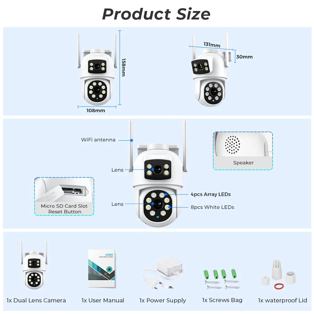 WIFI Camera PTZ (8MP), Outdoor Dual Screens, Human Detection, Dual Lenses, 4MP Security Protection And IP Camera