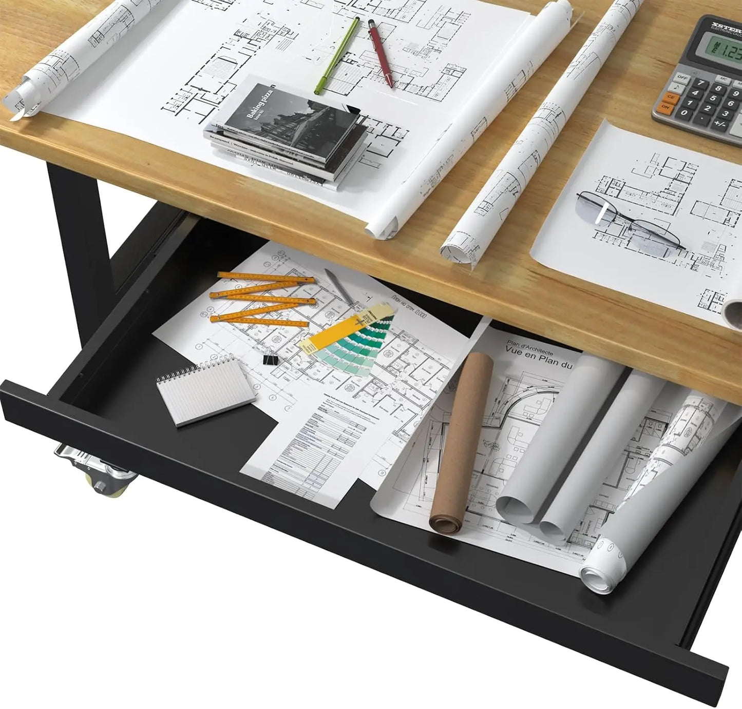 Rubber Wood Rolling Work Bench with Power Outlet