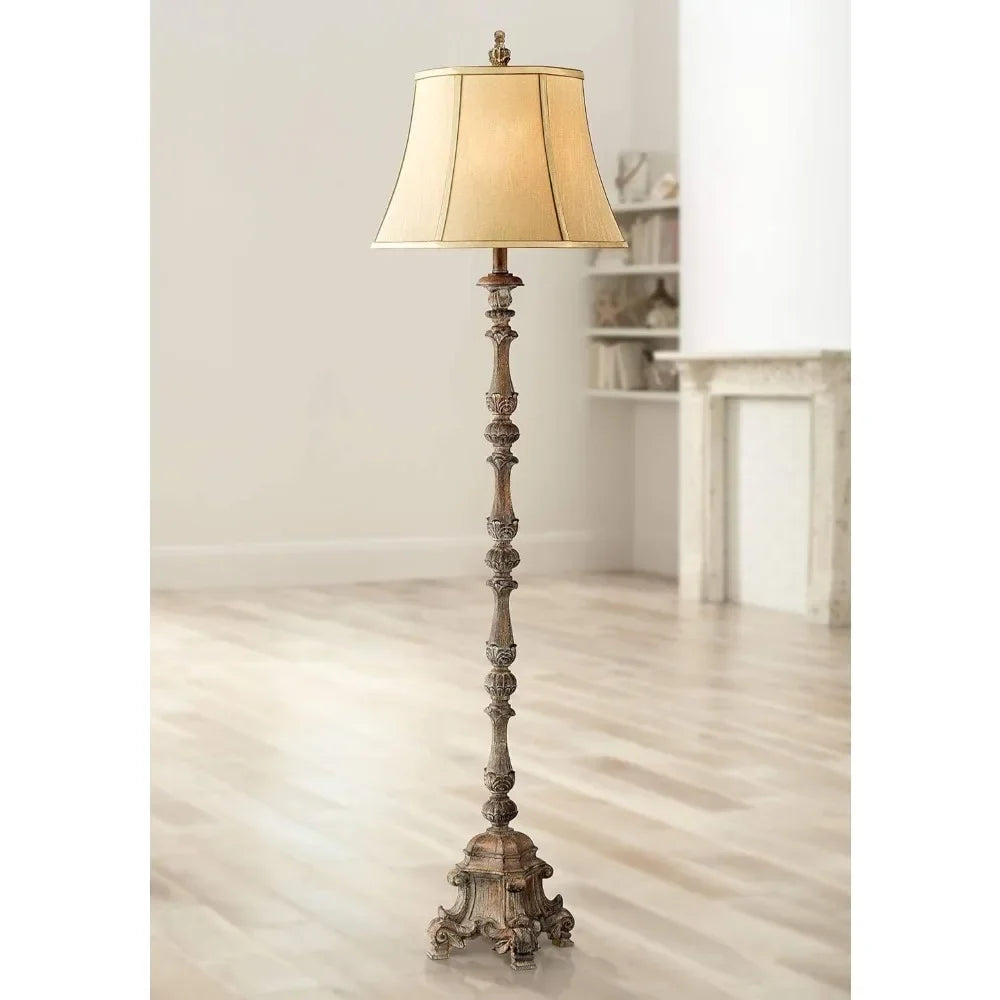 Antique Candlestick Style Floor Lamp Standing 62" Tall With Silk Fabric Bell Shade