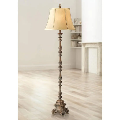 Antique Candlestick Style Floor Lamp Standing 62" Tall With Silk Fabric Bell Shade