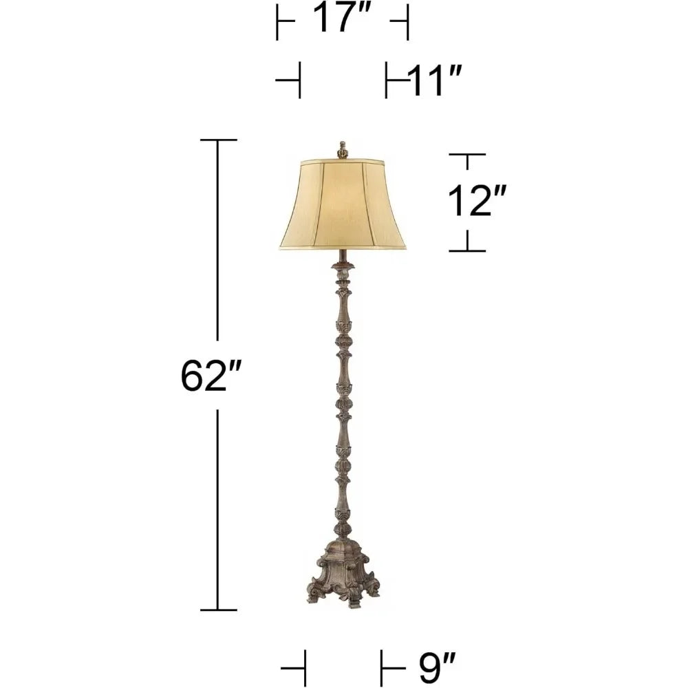 Antique Candlestick Style Floor Lamp Standing 62" Tall With Silk Fabric Bell Shade