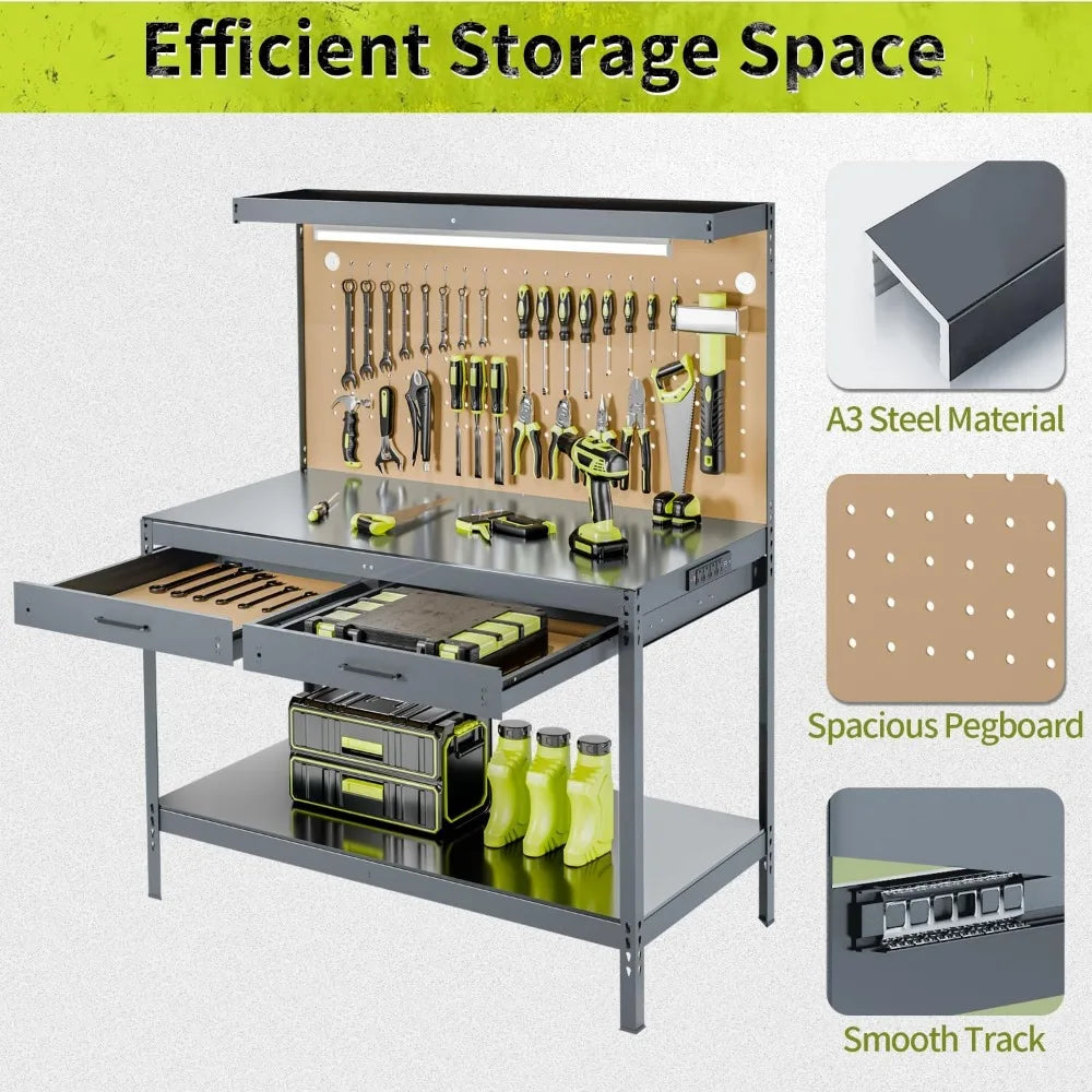 Steel Work Bench with Drawers, Pegboard, Light and Power Outlets