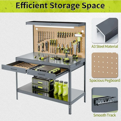 Steel Work Bench with Drawers, Pegboard, Light and Power Outlets
