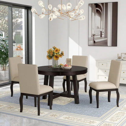 5-Piece Farmhouse Dining Table Set With 4 Upholstered Dining Chairs