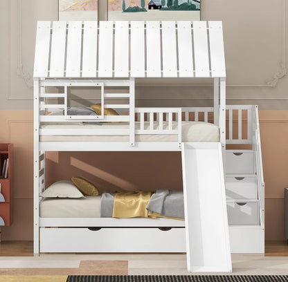 Kids Twin Over Twin Bunk Beds with Slide and Trundle