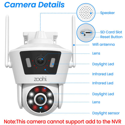 Wireless PTZ WIFI Security Camera With Dual Lens 6MP 2K Camera, Color Night Vision, Two Way Audio And 4X Digital Zoom