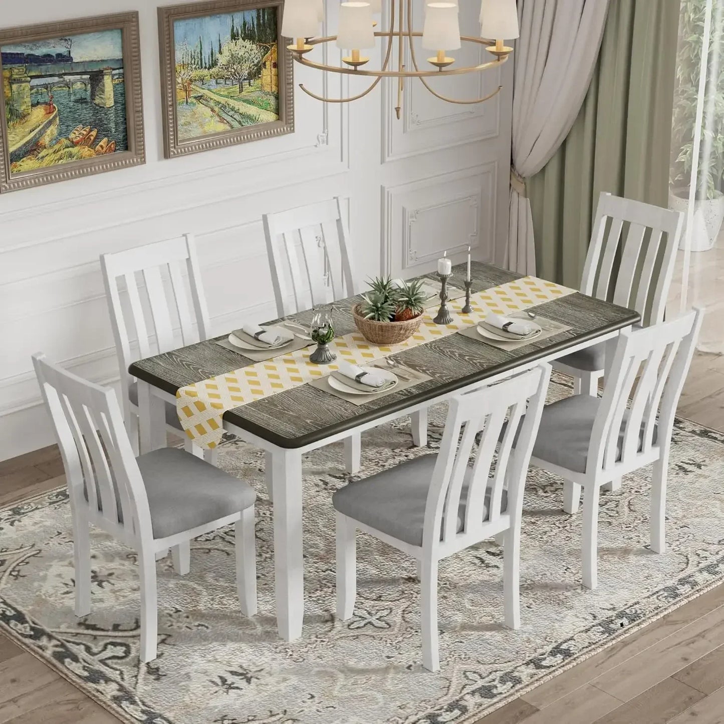 7-Piece Wooden Dining Table Set with 6 Upholstered Chairs