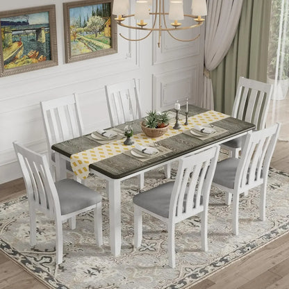 7-Piece Wooden Dining Table Set with 6 Upholstered Chairs