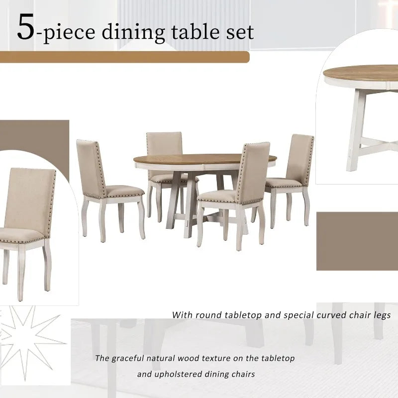 5-Piece Farmhouse Dining Table Set With 4 Upholstered Dining Chairs