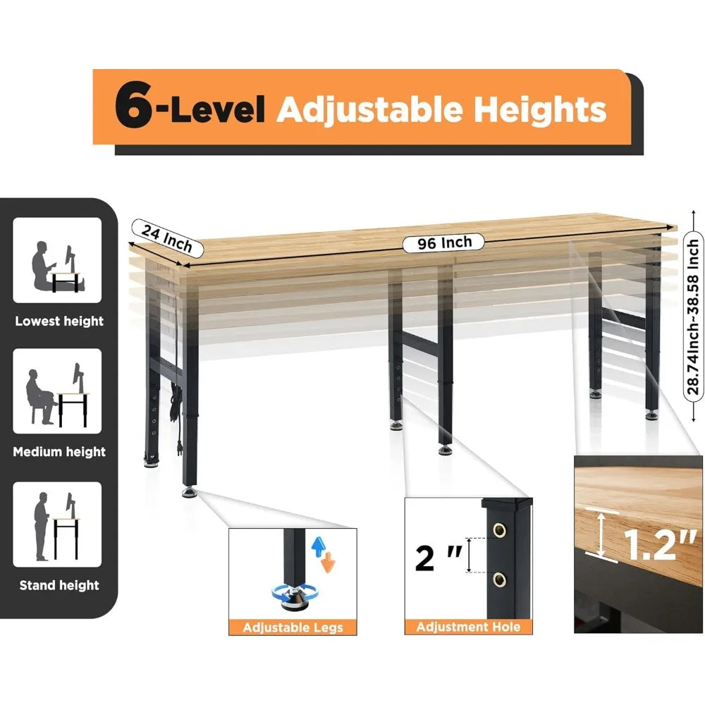 Adjustable Heavy-Duty Workbench, Rubber Wood Top with Power Outlets & Hooks