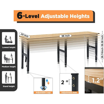 Adjustable Heavy-Duty Workbench, Rubber Wood Top with Power Outlets & Hooks