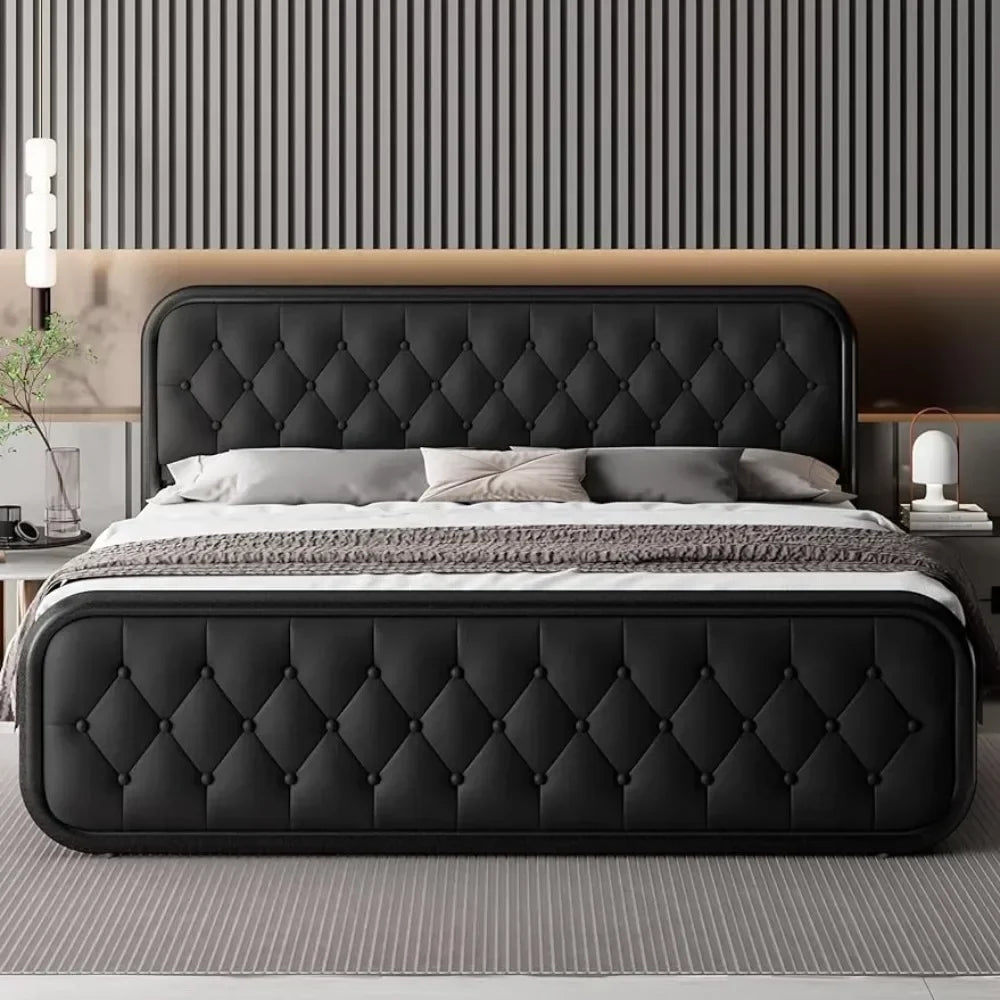 Heavy Duty Bed Frame With Faux Leather Headboard And Under-Bed Storage