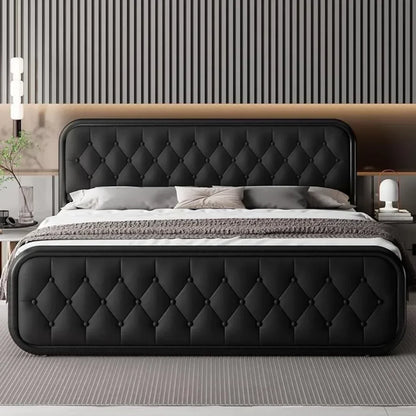 Heavy Duty Bed Frame With Faux Leather Headboard And Under-Bed Storage