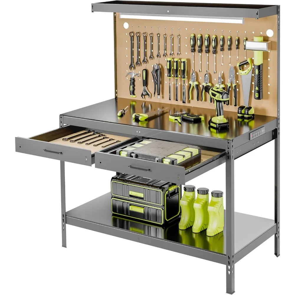 Steel Work Bench with Drawers, Pegboard, Light and Power Outlets