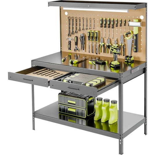 Steel Work Bench with Drawers, Pegboard, Light and Power Outlets