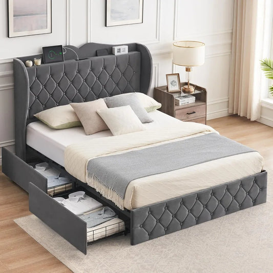 Velvet Upholstered Platform Bed with Tall Headboard, Charging Station and 4 Storage Drawers