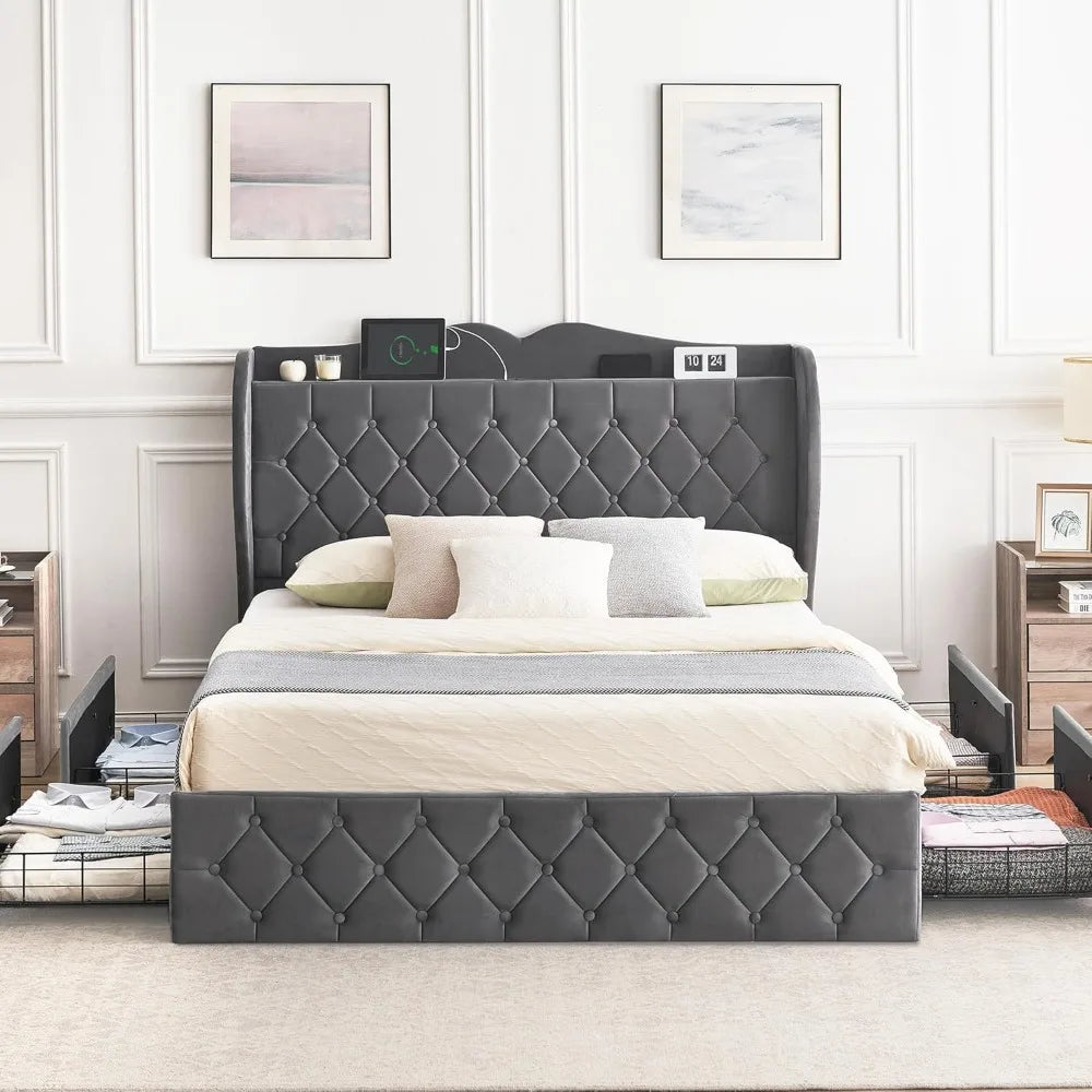 Velvet Upholstered Platform Bed with Tall Headboard, Charging Station and 4 Storage Drawers