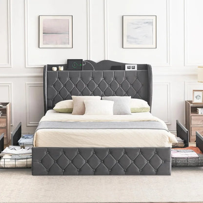 Velvet Upholstered Platform Bed with Tall Headboard, Charging Station and 4 Storage Drawers