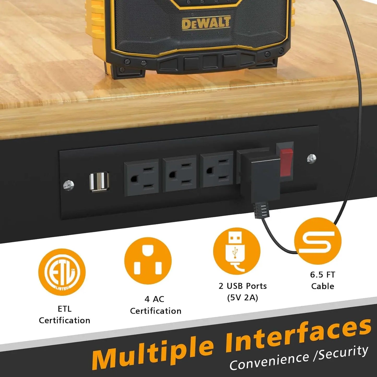 Rubber Wood Rolling Work Bench with Power Outlet