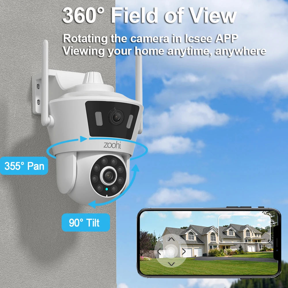 Wireless PTZ WIFI Security Camera With Dual Lens 6MP 2K Camera, Color Night Vision, Two Way Audio And 4X Digital Zoom