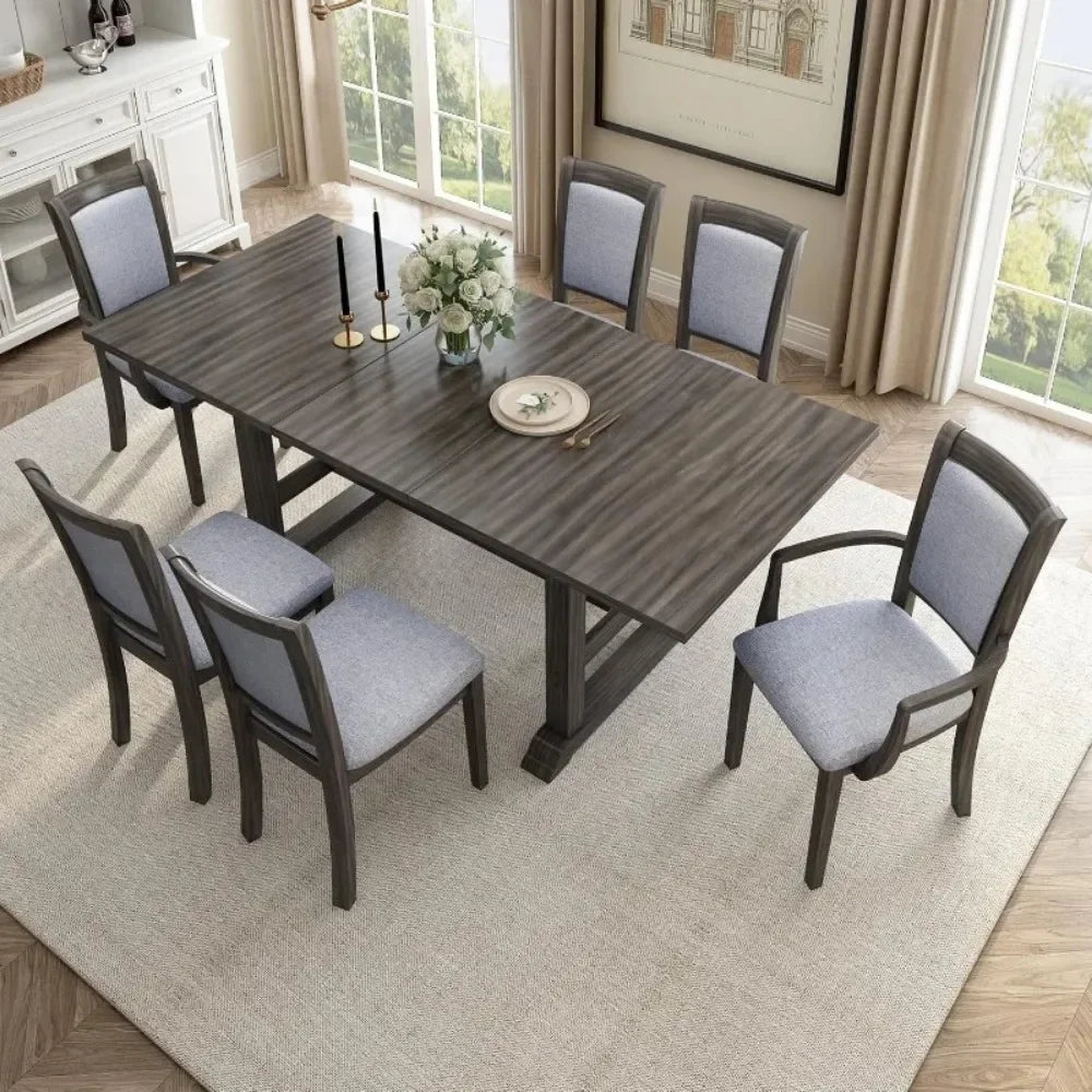 7-Piece Wooden Dining Table Set with 6 Upholstered Chairs