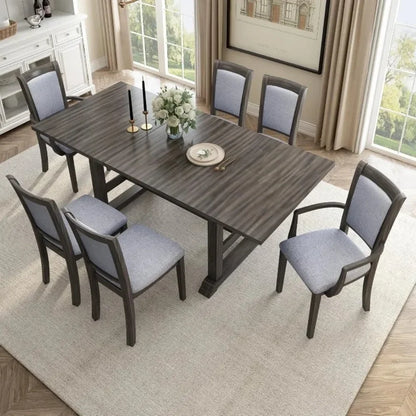 7-Piece Wooden Dining Table Set with 6 Upholstered Chairs