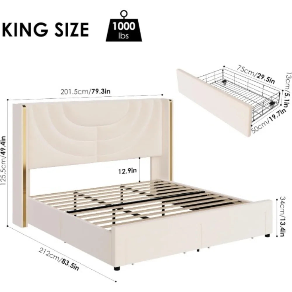 Upholstered Bed Frame with 2 Storage Drawers