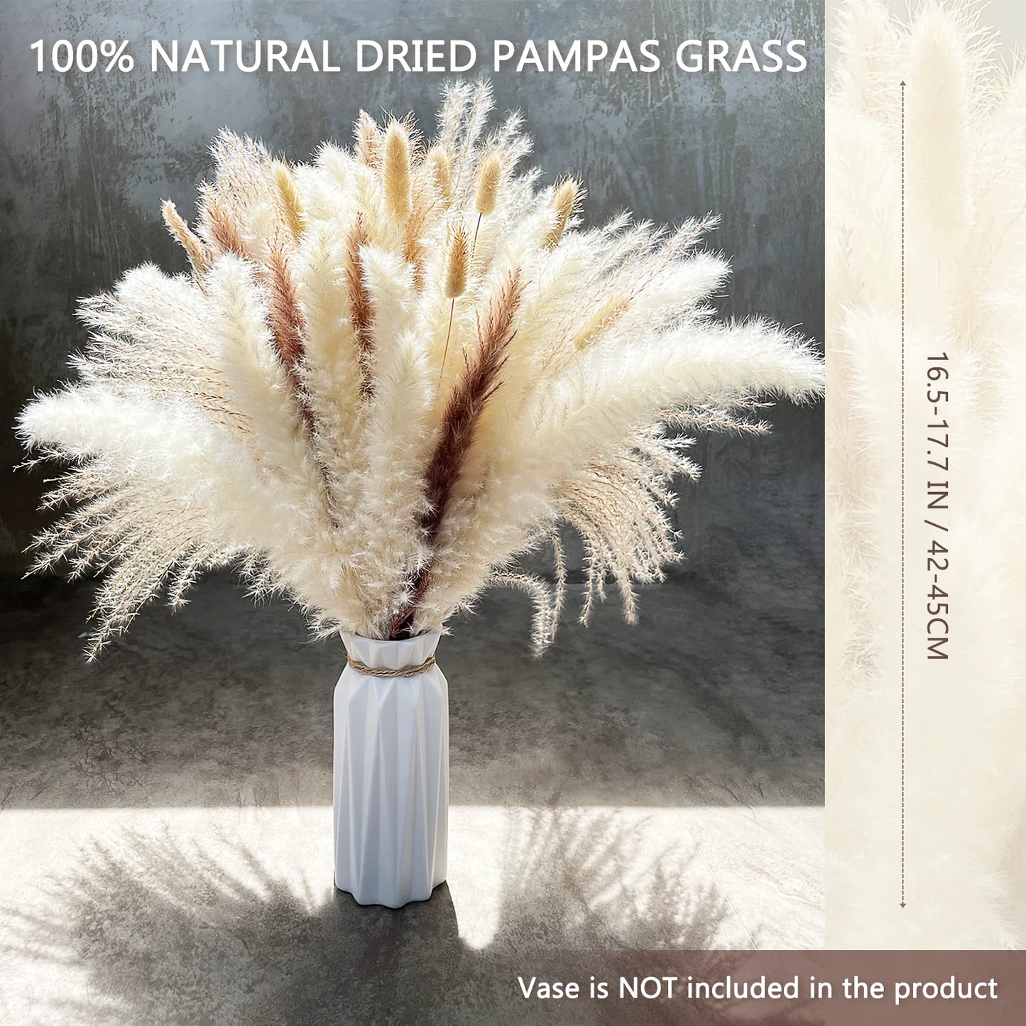 90 Pcs, 17.5 Inch White & Natural Dried Pampas Grass Set