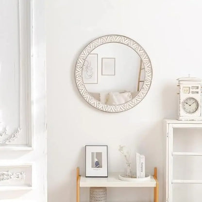 24" Round Distressed Wooden Frame - Decorative Wall Mirror