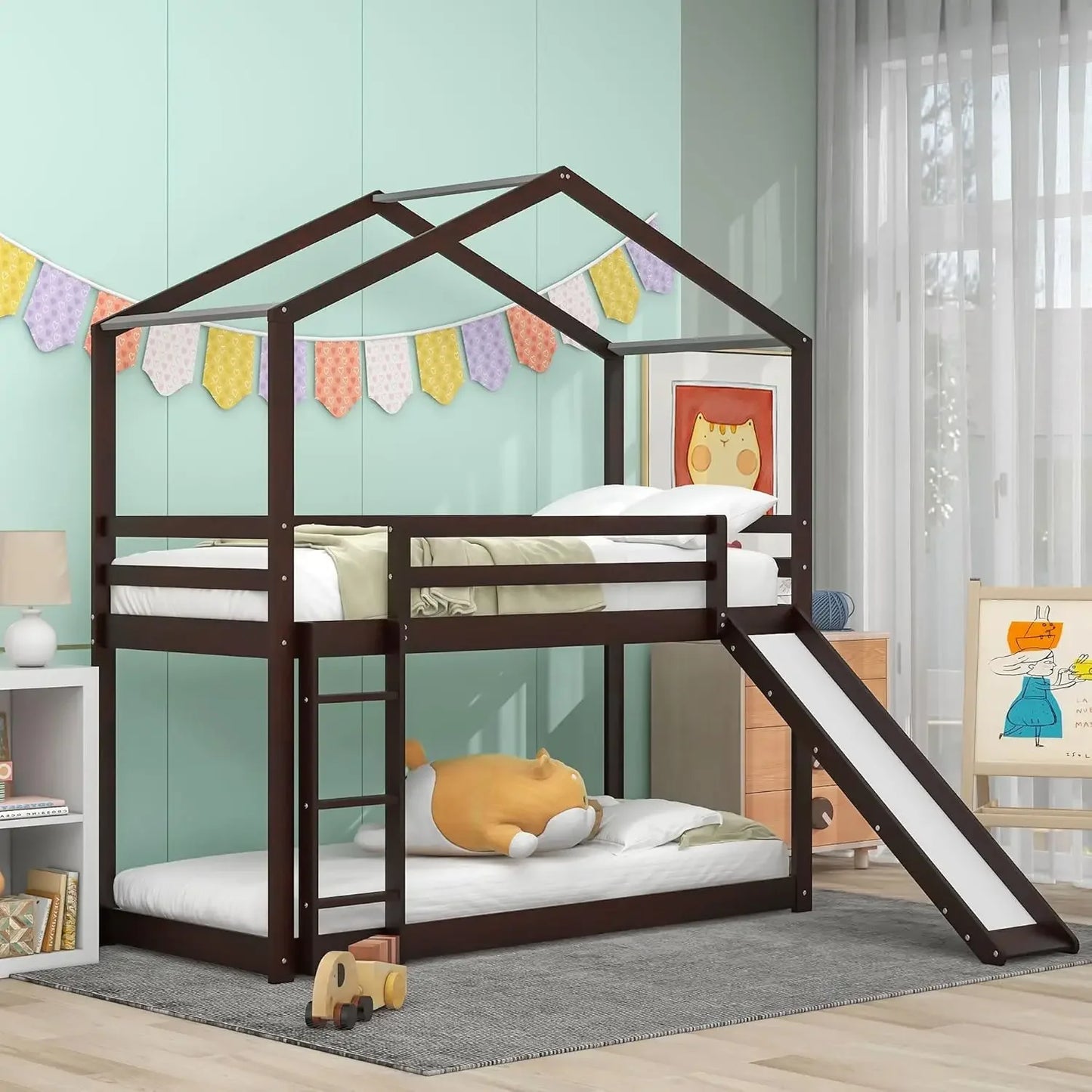Kids Twin Over Twin Bunk Beds with Slide and Trundle with Stairs and Storage