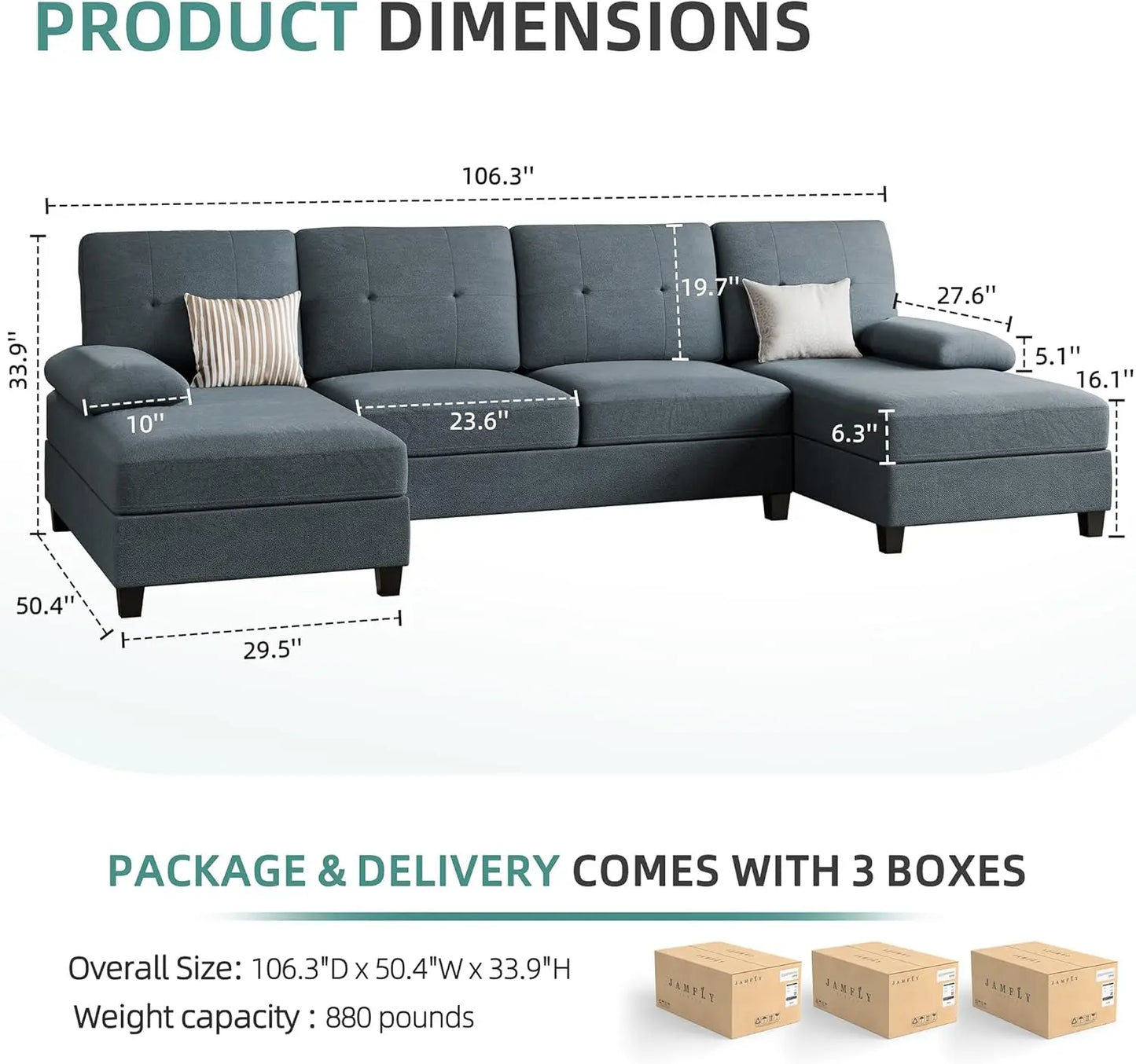 U-Shaped Sectional Sofa Couch with Double Chaises