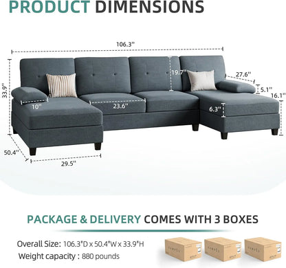 U-Shaped Sectional Sofa Couch with Double Chaises