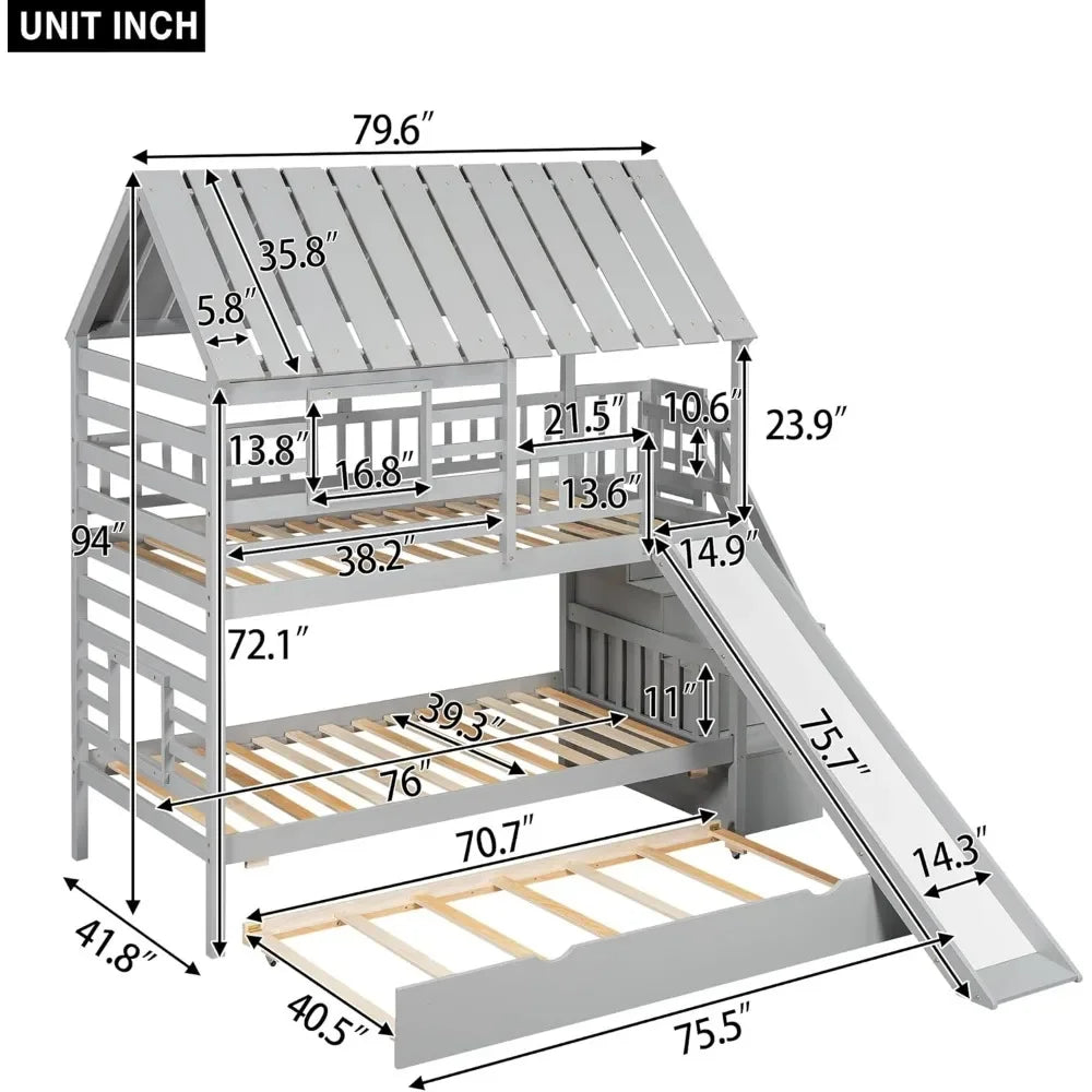 Kids Twin Over Twin Bunk Beds with Slide and Trundle with Stairs and Storage