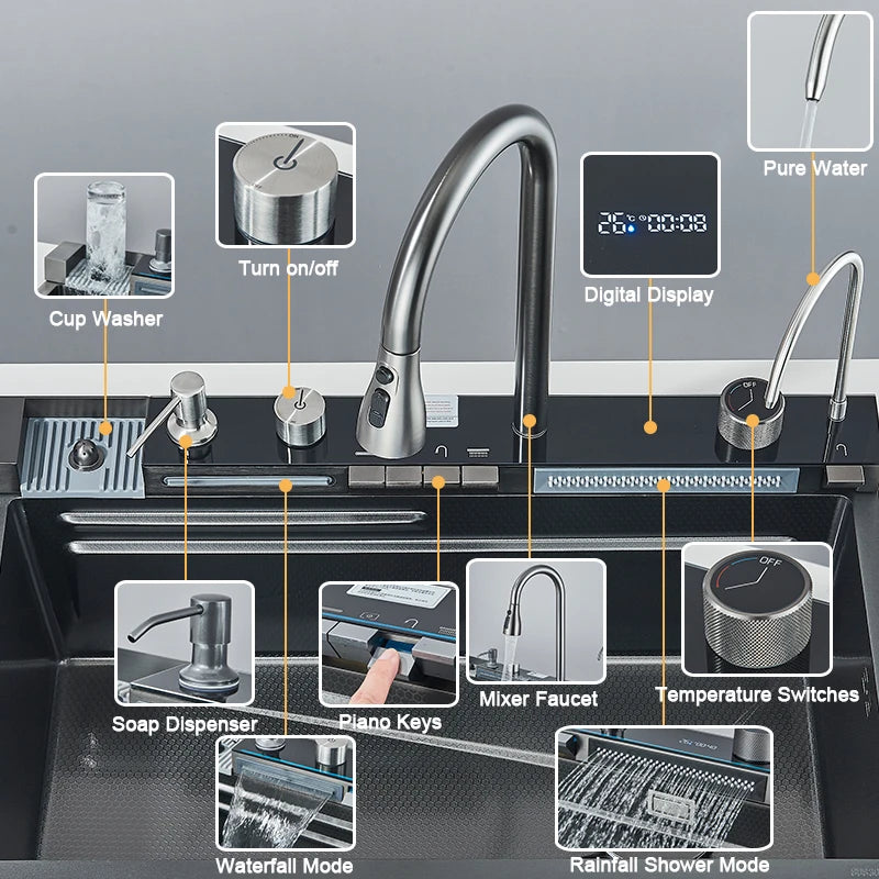Stainless Steel Kitchen Sink with Faucet Digital Display