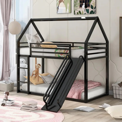 Kids Twin Over Twin Bunk Beds with Slide and Trundle with Stairs and Storage