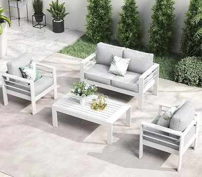 5 Piece Aluminum Patio Furniture Set with Fire Pit Table