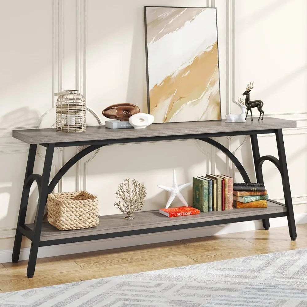 70.8” Sofa Console Table, 2 Tier with Black Steel Frame