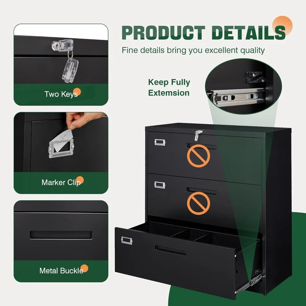 Metal 3 Drawer Lateral File Cabinet with Lock