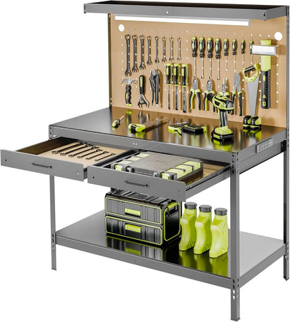 Steel Work Bench with Drawers, Pegboard, Light and Power Outlets