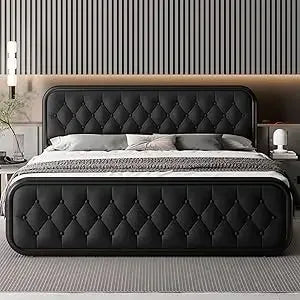 Heavy Duty Bed Frame With Faux Leather Headboard And Under-Bed Storage