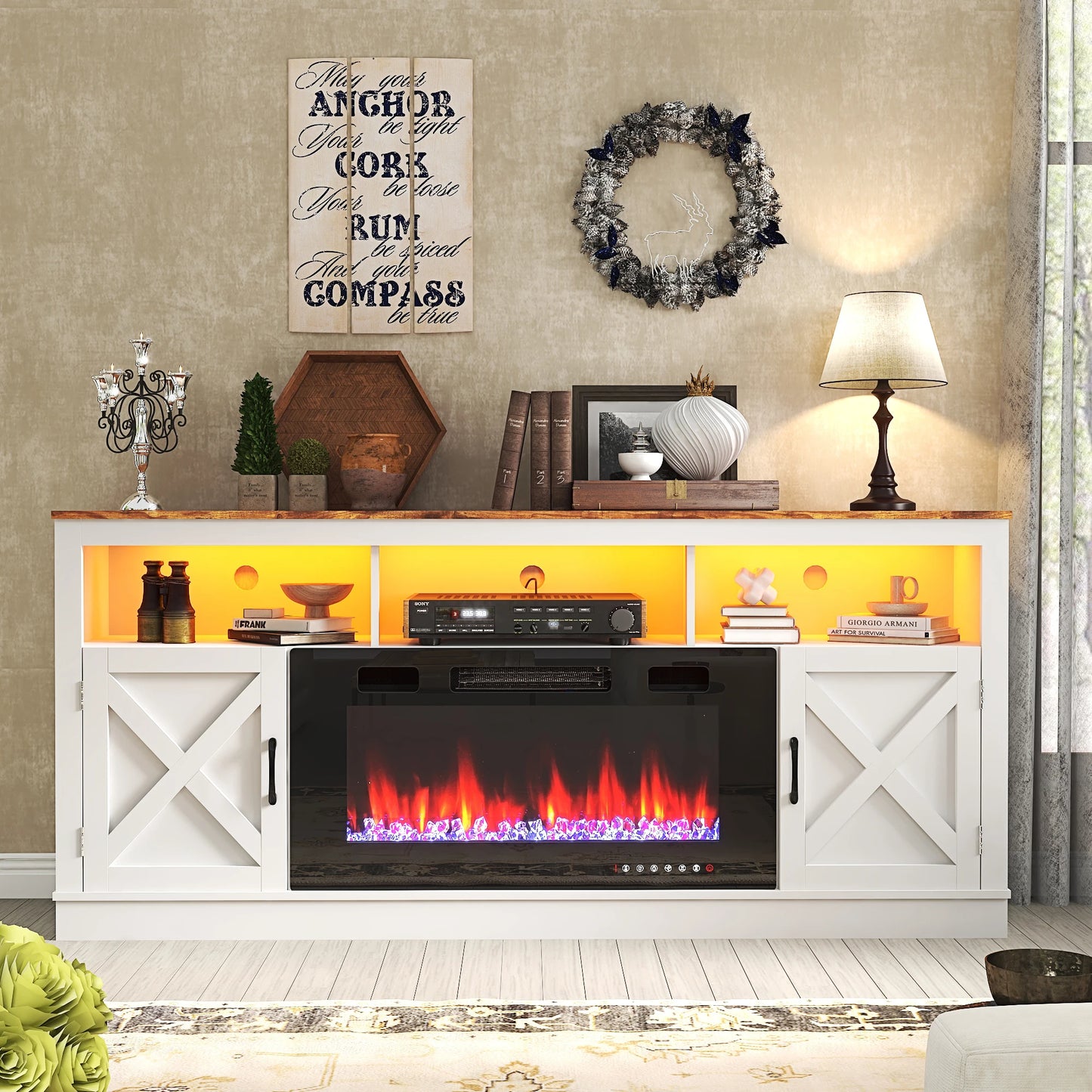 Farmhouse Fireplace TV Stand for 70/75/80” TV, 71” Entertainment Center with 36”Electric Fireplace & LED Light, White/Grey