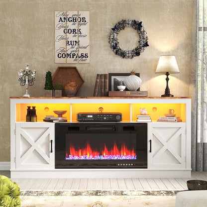 Farmhouse Fireplace TV Stand for 70/75/80” TV, 71” Entertainment Center with 36”Electric Fireplace & LED Light, White/Grey