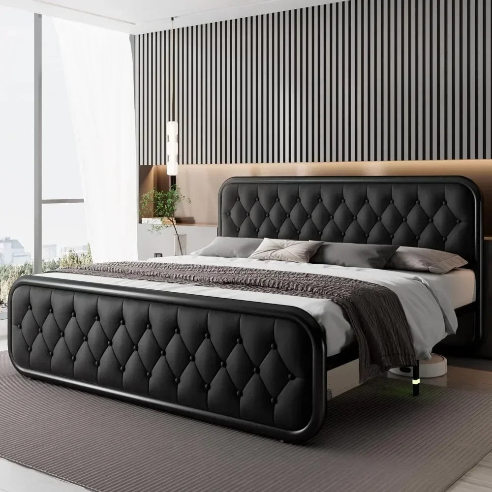 Heavy Duty Bed Frame With Faux Leather Headboard And Under-Bed Storage