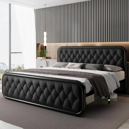Heavy Duty Bed Frame With Faux Leather Headboard And Under-Bed Storage