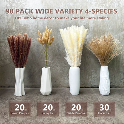 90 Pcs, 17.5 Inch White & Natural Dried Pampas Grass Set