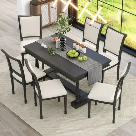 7-Piece Wooden Dining Table Set with 6 Upholstered Chairs
